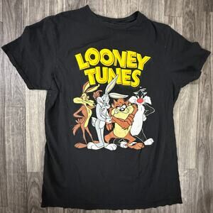 Looney Tunes Black T-Shirt M Double Sided Graphic Bugs Bunny Taz Sylvester